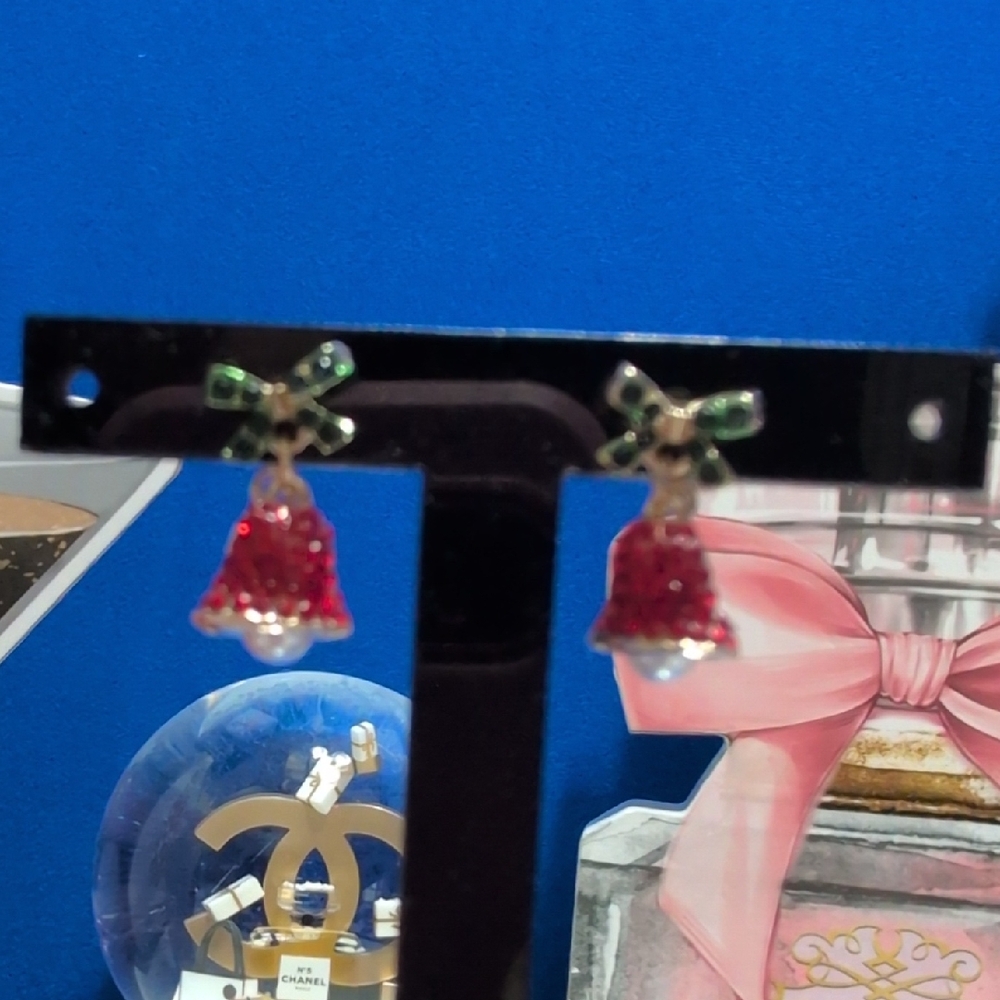 Charming Red and Green Crystal Embellished Bell Post Earrings With Bows🔥